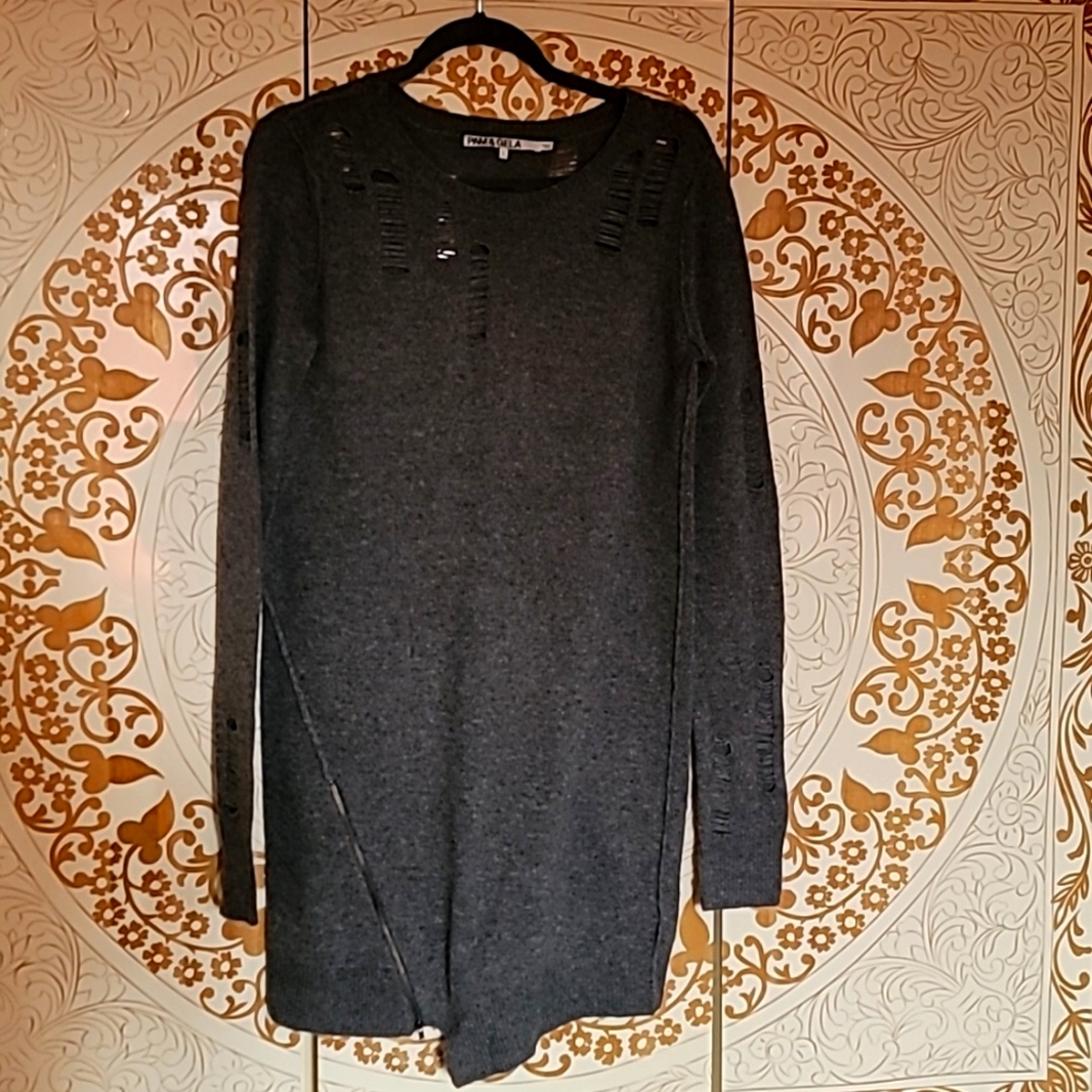 PAM & GELA Shredded Wool Sweater Dress Sz L Gray Grey Distressed Large